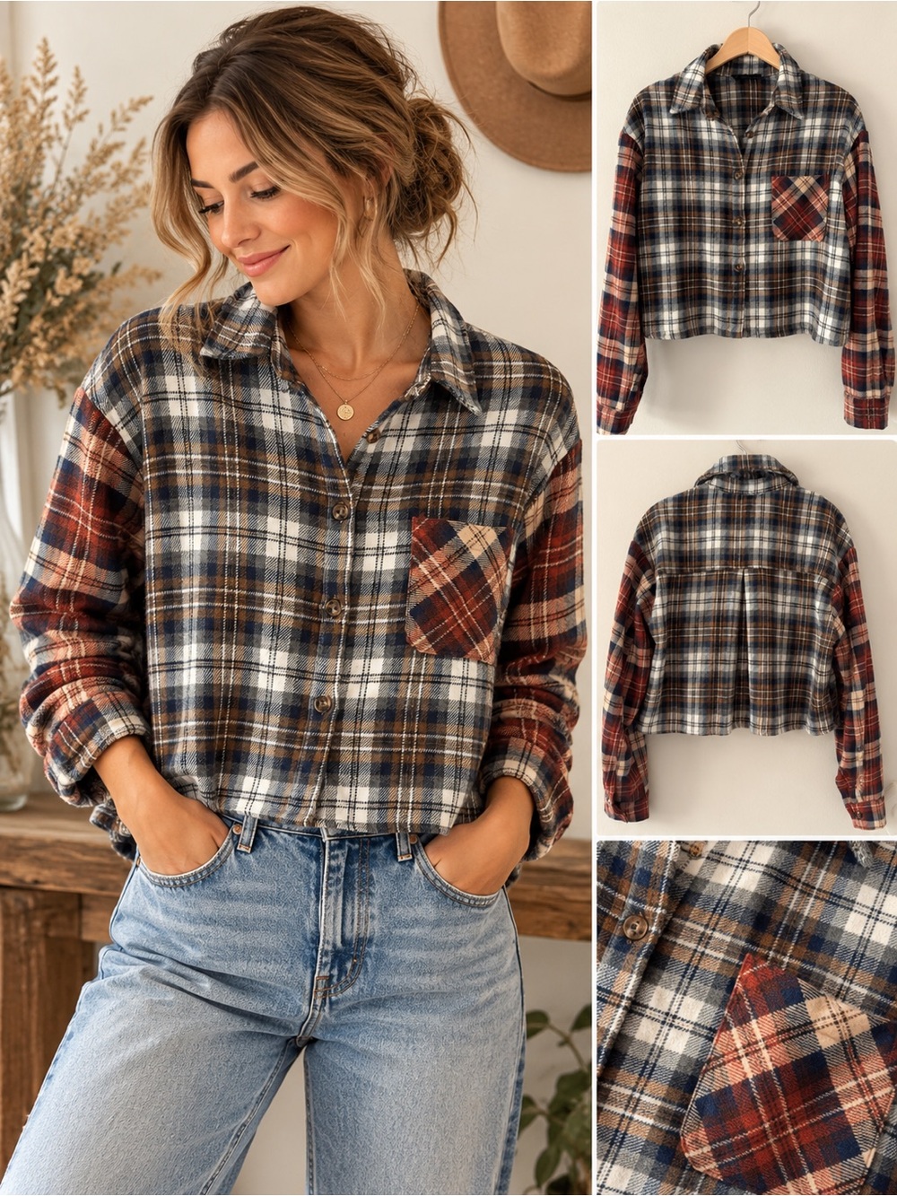Cropped Plaid Flannel Shacket Top Size S